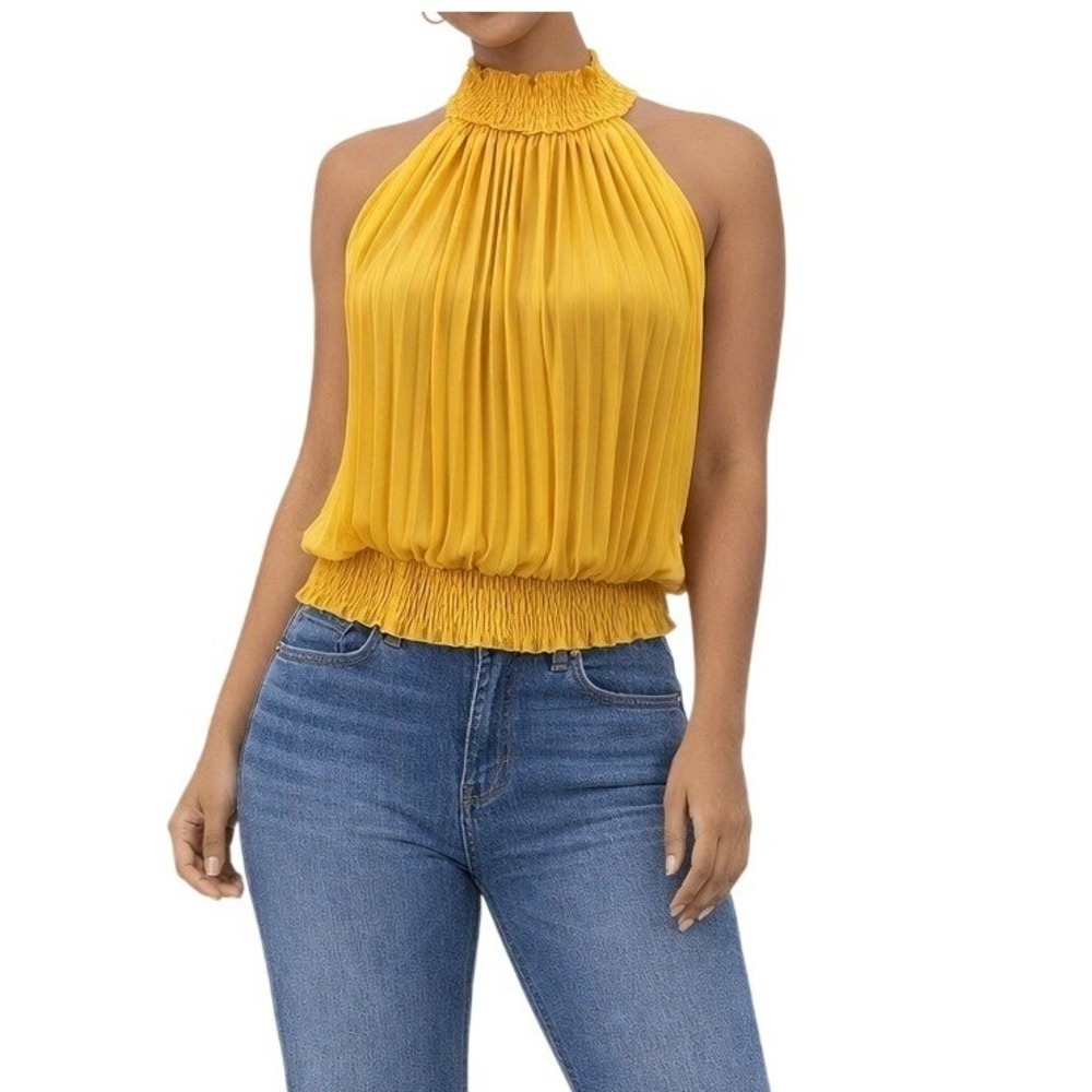 SHEIN Mustard Yellow Pleated Halter Top Smocked High Neck Blouse XL